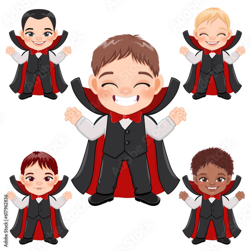 Set of Little dracula with black suit, Halloween party with cute vampire cartoon character vector