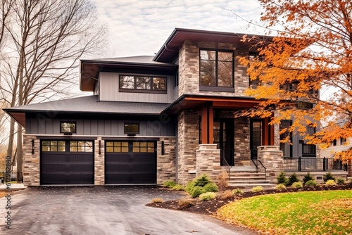 Two-Car Garage & Majestic Newly Built Dwelling: Modern Aesthetic with Brown Siding & Natural Stone Walls, generative AI