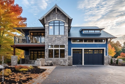 Modern Aesthetic: Majestic Newly Built Dwelling with Two-Car Garage, Light Blue Siding, and Natural Stone Walls, generative AI