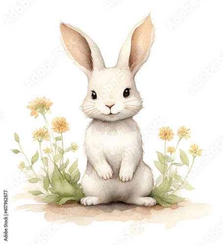 Watercolor bunny, white easter rabbit, spring bunny with spring yellow floral bouquet, cute fluffy pet, farmhouse animal isolated.