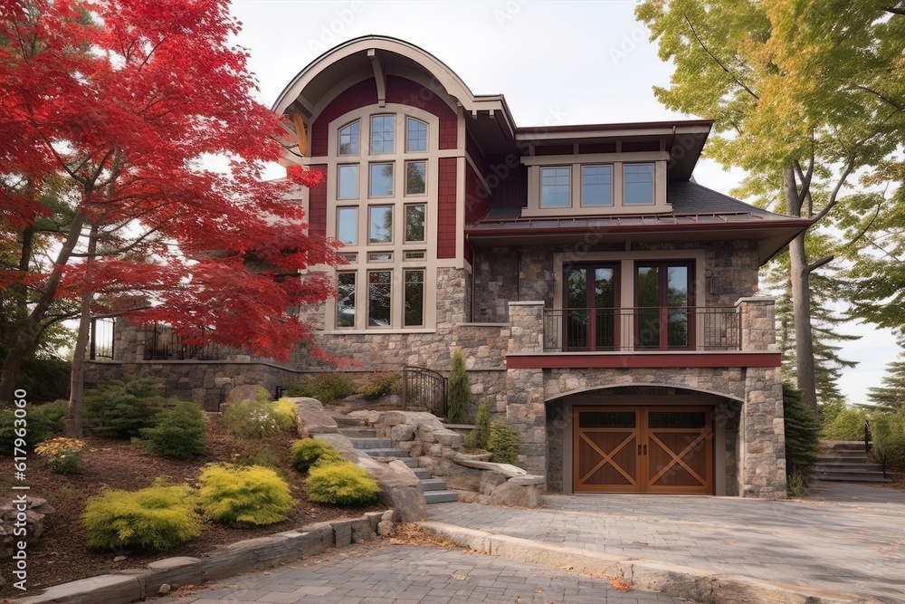 Cutting-Edge Design Meets Opulent Living: A Red-Sided Property with Two-Car Garage and Natural Stone Staircase, generative AI