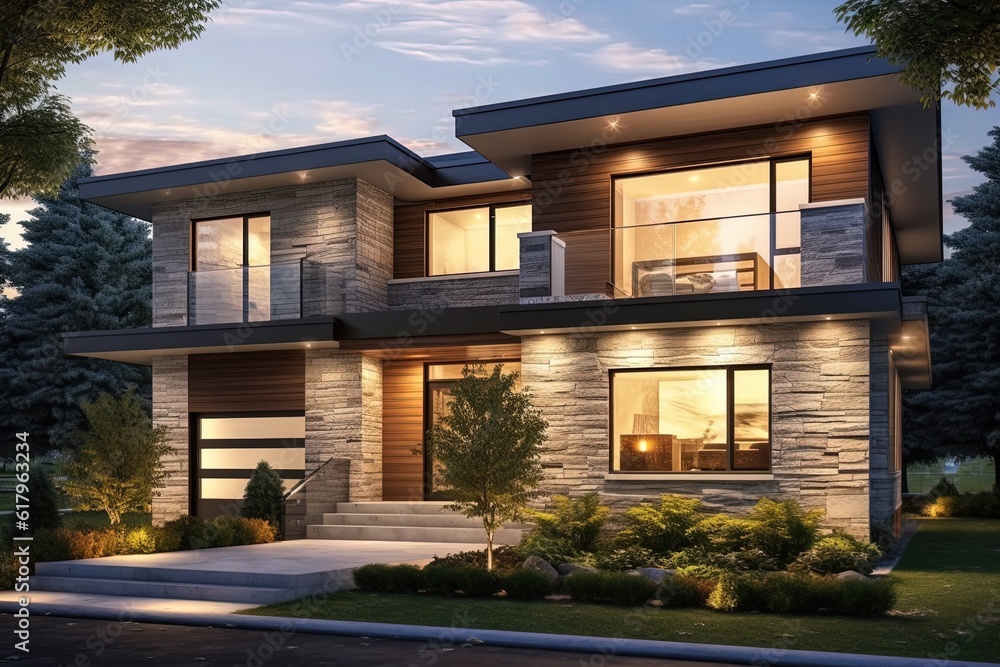 Contemporary Features Shine in Refined, Brand New Home with Single Car Garage and Coral Siding, generative AI