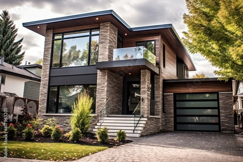 Contemporary Features Highlight Refined, Brand New Home with Single Car Garage, Bronze Siding, and Natural Stone Facade, generative AI