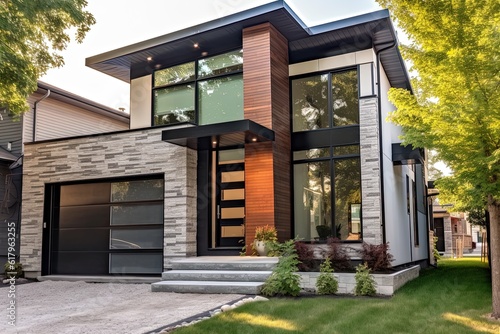 Contemporary Features in a Refined, Brand New Home with Single Car Garage, Coral Siding, and Natural Stone Facade, generative AI