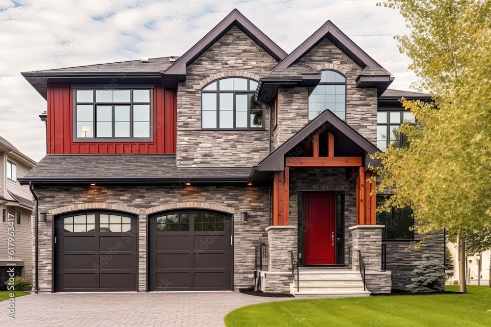 Contemporary Features and Natural Stone Facade Enhance Refined Brand New Home with Single Car Garage, generative AI Contemporary Features and Natural Stone Facade Enhance Refined Brand New Home with Single Car Garage, generative AI