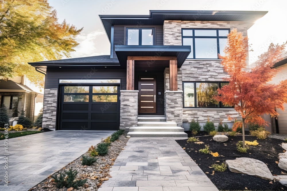 Contemporary Features Highlight Refined Brand New Home with Dark Gray Siding, Natural Stone Facade, and Single Car Garage, generative AI Contemporary Features Highlight Refined Brand New Home with Dark Gray Siding, Natural Stone Facade, and Single Car Garage, generative AI