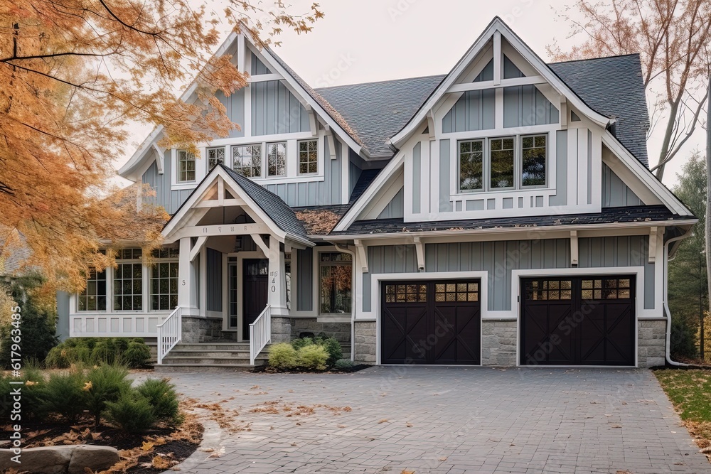 Upscale New Development Home with Avant-Garde Aesthetic, Single Car Garage, Mint Green Siding, and Natural Stone Porch, generative AI Upscale New Development Home with Avant-Garde Aesthetic, Single Car Garage, Mint Green Siding, and Natural Stone Porch, generative AI