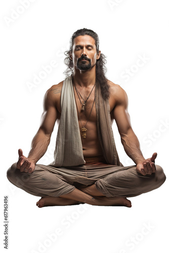 Yogi attractive man relaxed meditating in lotus position over transparent background