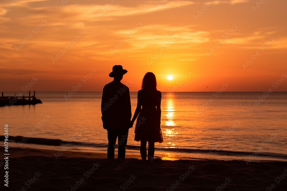illustration, silhouette, a couple watching the sunset, ai generative