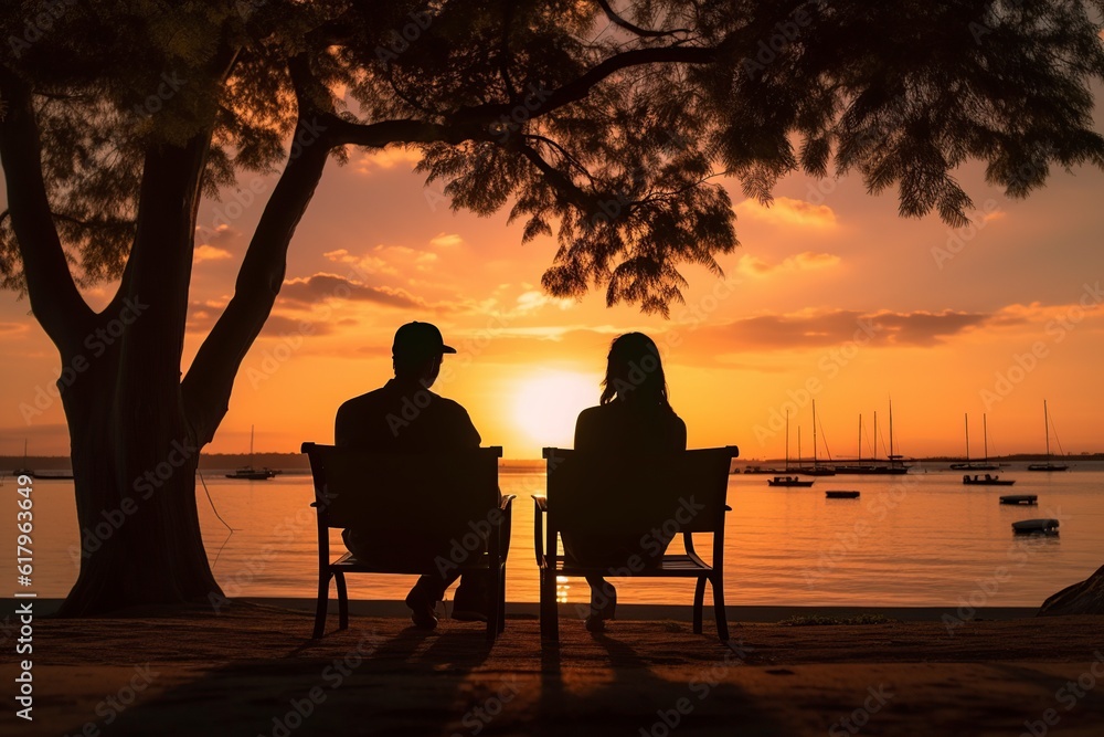 Obraz premium illustration, silhouette, a couple watching the sunset, ai generative