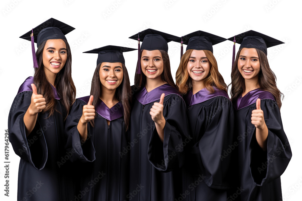 Teenage girl students graduation day portrait over white transparent background