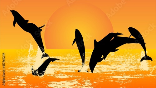 Tableau sur toile delfines, amarillo, sol, playa, brinco, mar, atardecer