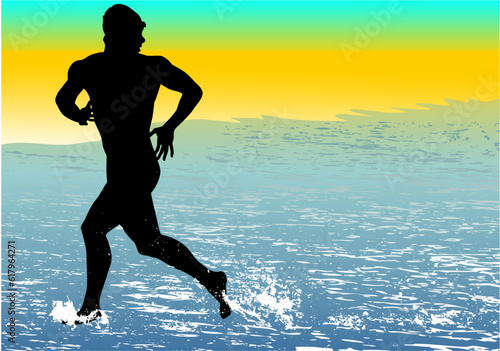triatlon, hombre, vector, playa, figura, deporte, corriendo