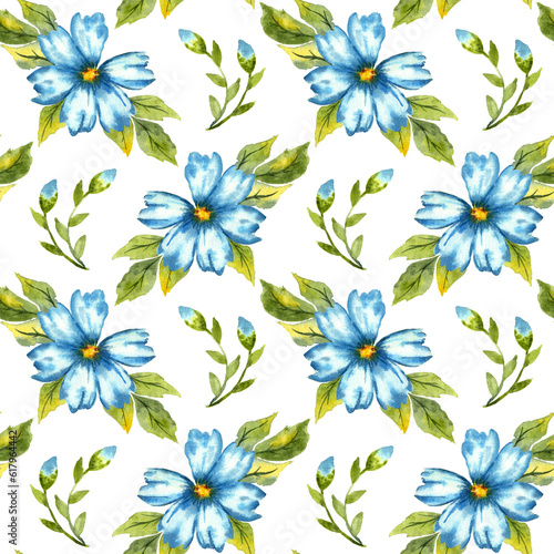 Watercolor illustration of a pattern of blue flowers with buds. Colors indigo  cobalt  sky blue and classic blue. Great pattern for kitchen  home decor  stationery  wedding invitations and clothing