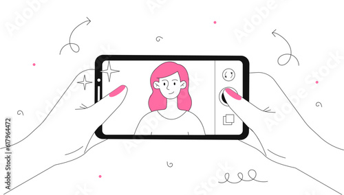 Woman taking selfie line concept