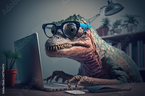 Fototapeta Naklejka Na Ścianę i Meble -  dinosaur working with glasses on the computer, generative AI