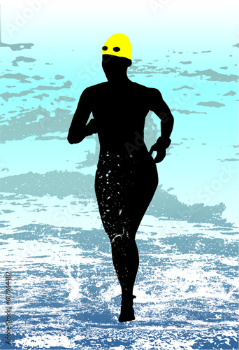 triatlon, mujer, vector, playa, figura, deporte