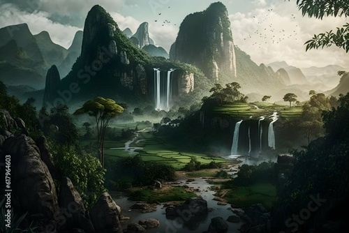 lush green fantasy landscape with hills and waterfalls 