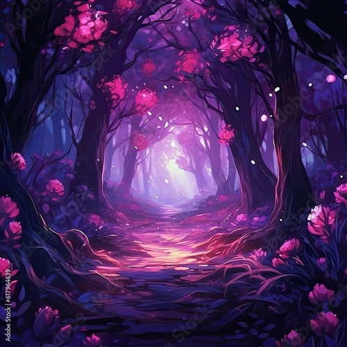 Purple forest with glowing flower