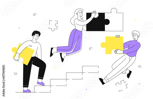 Teamwork with puzzles line concept
