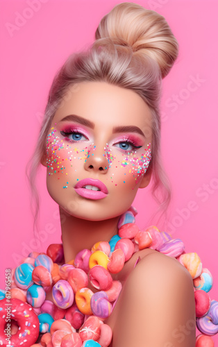 Candyland fantasy captured with a blonde model adorned in vibrant makeup, sprinkled confections on her skin, complemented by the pink donut in hand.
