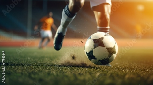 illustration, legs shot of soccer player training in sports field ,generative ai