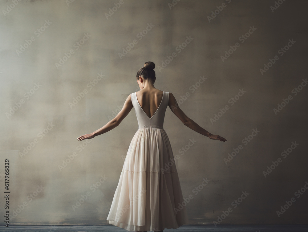 Beautiful ballerina standing near wall, back view. Beautiful ballerina standing near wall, back view.