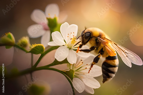 Flying honey bee collecting bee pollen from apple blossom soft bokeh in the background © Luci