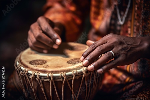 illustration, musical drums of African culture, played by male hands,generative ai