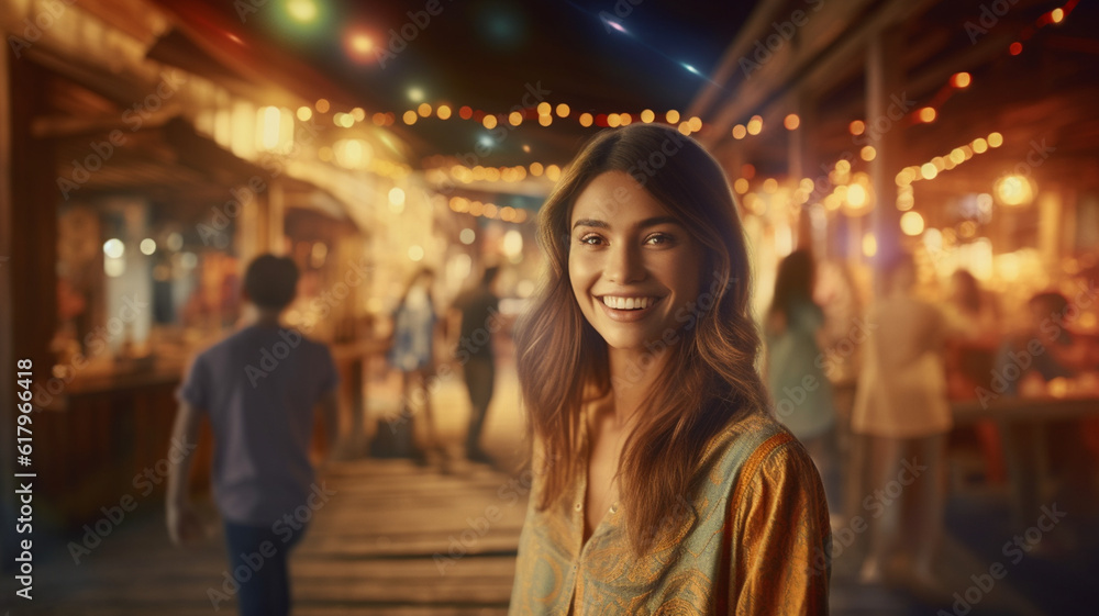 night market, party and nightlife, young adult woman, front view, close-up, female woman, fictional place