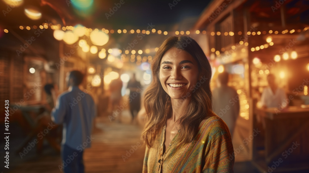 smiling excited, smiling at night market, party and nightlife, young adult woman, front view, close-up, female woman, fictional place