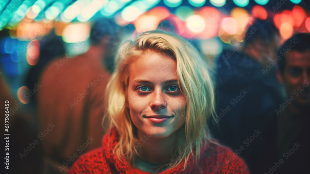 smiling, party and nightlife, young adult woman, front view, close-up, caucasian female woman, fictional place