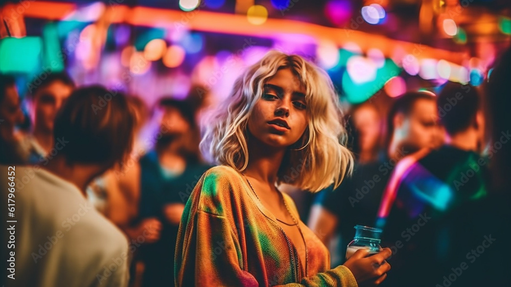 drunken or tired, party and nightlife, young adult woman, front view, close-up, caucasian female woman, fictional place