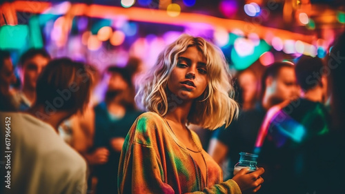 drunken or tired, party and nightlife, young adult woman, front view, close-up, caucasian female woman, fictional place