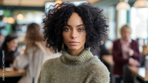 neutral emotion and feelings, leisure time, relaxed, in a cafe or restaurant,young adult woman, front view, close-up, multiracial female woman, fictional place