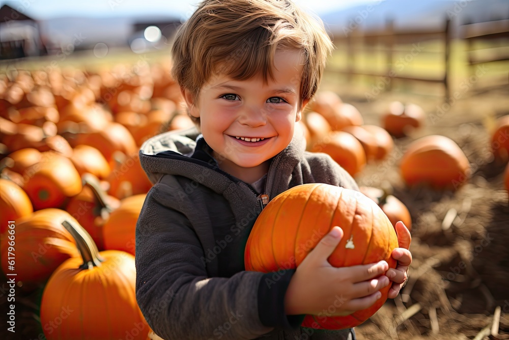 Fototapeta premium Little boy picking pumpkins on Halloween pumpkin patch