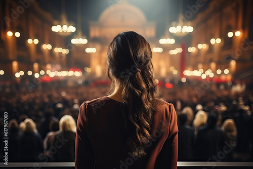 Photo of a woman standing in front of a crowd at a political rally © Nedrofly