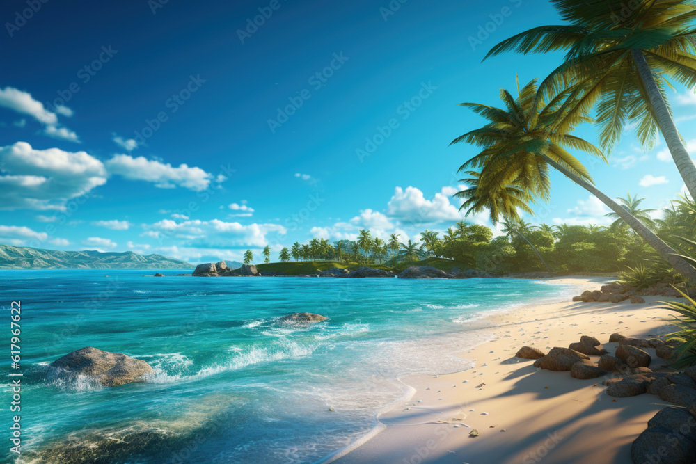 Picturesque Tropical Scenic Beach with Palm Trees & Pristine Turquoise Water on a Sunny Summer Day 