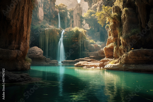 Picturesque Tropical Scenic Waterfall with Lush Pristine Turquoise Water   Natural Vegetation on a Sunny Summer Day at Golden Hour