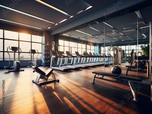 a photo of a interior of a modern fitness center gym club with a workout room with treadmills on a sunny day in the morning. Generative AI