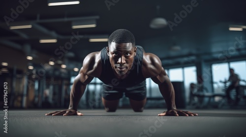 a black afro-american athlete with healthy muscular body doing pushups in a gym while sweating and improving his physical body form. Generative AI