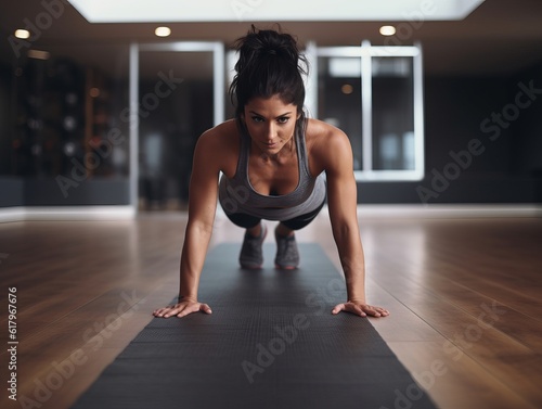 a beautiful athletic woman doing plank exercise and stretching herself on a yoga mat in a modern gym. Generative AI