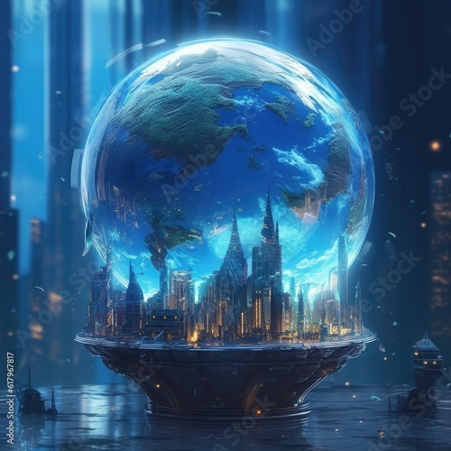 Blue-colored globe with water falling down at the top © BountifulBouquets