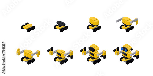 A set of a yellow robot in isometric style on a white background for printing and design. Vector illustration.