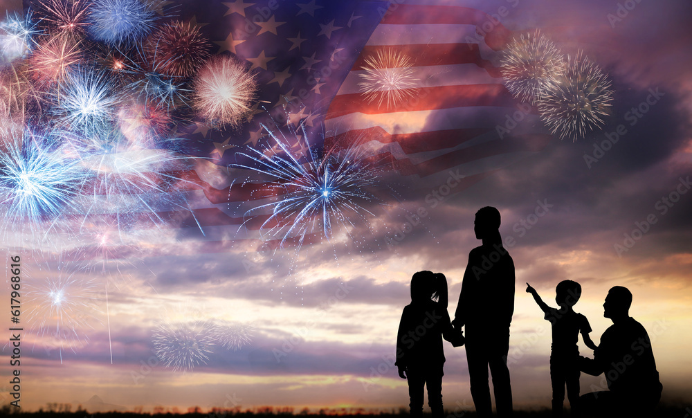 4th of July - Independence day of America. Family enjoying fireworks in sky. Double exposure with flag of United States