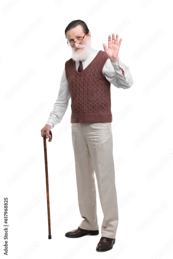 Senior man with walking cane waving on white background Senior man with walking cane waving on white background