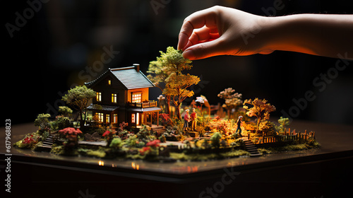 Build the house of your dreams, add the finishing touches to a miniature landscape by hand, real estate, model making, realtors, Generative AI
