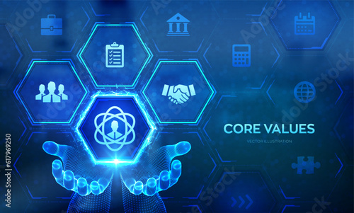 Core Values icon in wireframe hand. Responsibility Ethics Goals Company concept on virtual screen. Core values infographic. Vector illustration.
