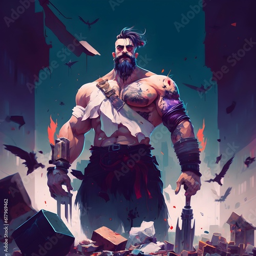 splash art character design man who is a butcher wearing apron and Mustache huge shoulders holding giant robot meat cleaver crumbling city behind him valorant art aesthetic polygonal 2d3d arcane art  photo