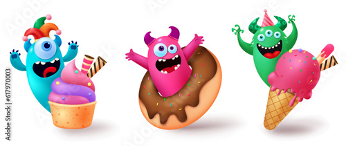 Monster characters vector set design. Birthday cartoon, mascot and creature cute character isolated in white background. Vector illustration party monster collection.